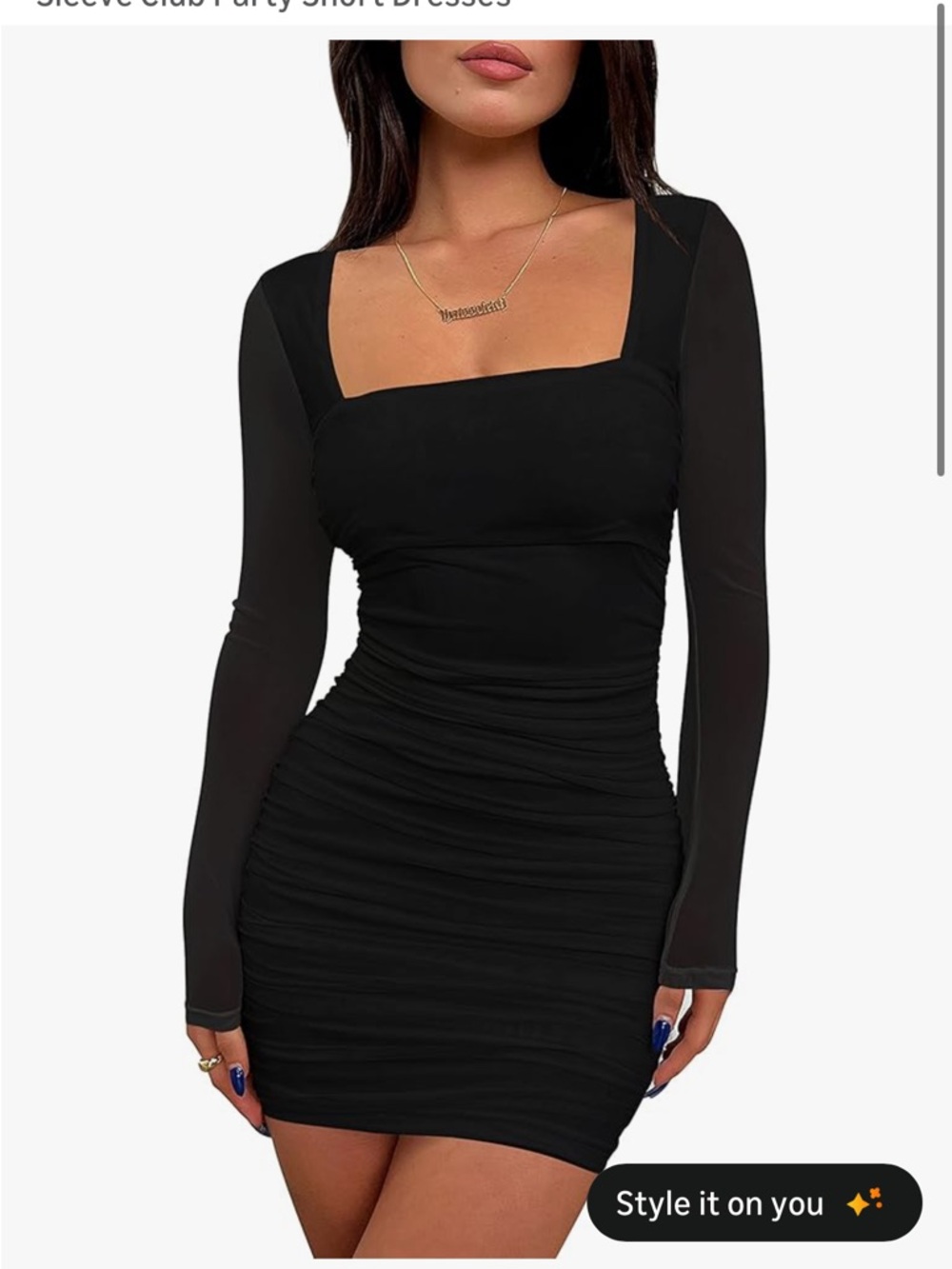 Black Long-Sleeve Ruched Bodycon Dress